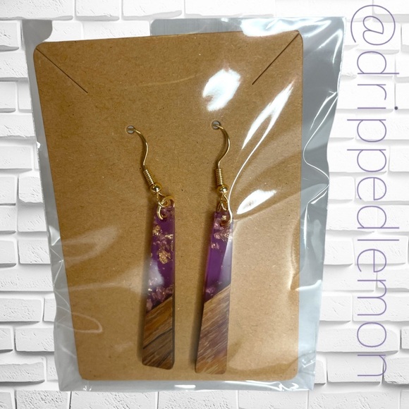 🆕 Wooden Gold Candy Purple Geometric Drop Earrings Beautiful Lightweight Women - Picture 4 of 4